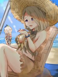  beach bikini blonde_hair breasts brown_bikini female fire_emblem fire_emblem:_three_houses fire_emblem_heroes food hat holding holding_food holding_spoon ice_cream large_breasts mercedes_von_martritz mercedes_von_martritz_(summer) nail_polish official_alternate_costume purple_eyes purple_nails sakura_no_yoru sitting solo spoon straw_hat swimsuit 