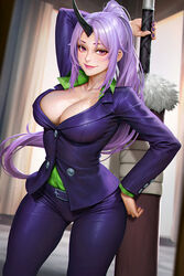  black_horns breasts buttons cleavage collarbone curtains english_commentary female high_ponytail highres holding holding_sword holding_weapon horns large_breasts lips long_hair neoartcore oni oni_horns pants patreon_username ponytail purple_eyes purple_hair purple_nails purple_pants purple_suit realistic sheath sheathed shion_(tensei_shitara_slime_datta_ken) single_horn solo suit sword tensei_shitara_slime_datta_ken very_long_hair weapon 