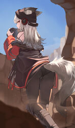  absurdres animal_ears arknights ass beanie binoculars black_footwear black_hat black_jacket black_panties black_pantyhose boots closed_mouth female fox_ears fox_girl fox_tail from_behind frostleaf_(arknights) grey_hair hat headphones highres holding holding_binoculars jacket knee_boots long_hair long_sleeves looking_at_viewer looking_back open_clothes open_jacket outdoors panties panties_under_pantyhose pantyhose red_eyes red_sleeves solo suzubotan tail underwear 