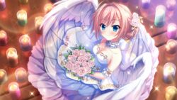  ahoge angel_wings arm_garter bare_shoulders blue_eyes blush bouquet breasts candle cleavage closed_mouth collarbone dot_nose dress feathered_wings female film_grain flower from_above game_cg hair_flower hair_intakes hair_ornament hairclip himura_nagisa holding holding_bouquet izumi_tsubasu layered_skirt lens_flare looking_at_viewer medium_breasts neck_garter non-web_source official_art pink_hair re:stage! reflective_floor reflective_surface rose short_hair skirt smile solo sparkle strapless strapless_dress tile_floor tiles wedding_dress white_dress white_flower white_rose white_skirt white_wings wings 