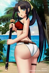  ass bad_id bad_pixiv_id beach belt bikini black_hair blue_eyes blue_sky blush breasts cloud commentary_request cowboy_shot day fate/grand_order fate_(series) female from_behind hair_ornament highres holding holding_weapon katana long_hair looking_at_viewer looking_back medium_breasts ocean open_mouth outdoors palm_leaf palm_tree parted_bangs ponytail sand sidelocks sky solo standing sweat swimsuit sword thigh_strap thighlet thighs tree twitter_username ushiwakamaru_(fate) ushiwakamaru_(swimsuit_assassin)_(fate) water weapon xkzan 