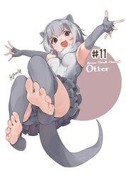  animal_ears bare_shoulders blush brown_eyes elbow_gloves feet female fingerless_gloves frilled_one-piece_swimsuit frills gloves grey_gloves grey_hair grey_one-piece_swimsuit grey_thighhighs hair_between_eyes highres jknor kemono_friends legs multicolored_hair no_shoes one-piece_swimsuit open_mouth otter_ears otter_girl otter_tail short_hair sidelocks small-clawed_otter_(kemono_friends) smile soles solo swimsuit tail thighhighs toeless_legwear toes two-tone_hair two-tone_one-piece_swimsuit white_hair white_one-piece_swimsuit 