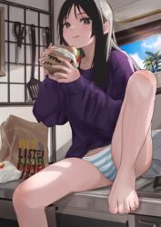  absurdres akiyama_mio bag barefoot black_eyes black_hair blue_sky burger burger_king closed_mouth cloud collarbone commentary_request day eating fast_food female food highres holding holding_food indoors k-on! kitchen knee_up long_hair long_sleeves necosuna7l no_pants panties paper_bag plastic_bag purple_sweater scissors sidelocks sitting sky solo spatula striped_clothes striped_panties sweater toenails toes tongue tongue_out underwear white_panties window 