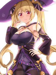  are_you_333 azur_lane bat_hair_ornament belt black_pantyhose black_ribbon blonde_hair blush breasts cape cleavage female food-themed_hair_ornament gem hair_ornament hair_ribbon halloween halloween_costume hat highres jack-o&#039;-lantern jack-o&#039;-lantern_hair_ornament large_breasts leotard long_hair looking_at_viewer nelson_(azur_lane) nelson_(luna_witch)_(azur_lane) official_alternate_costume pantyhose potion pumpkin_hair_ornament purple_leotard red_eyes red_gemstone ribbon smile solo taut_leotard thighband_pantyhose twintails very_long_hair witch_hat 