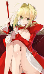  absurdres ass blonde_hair blush braid braided_bun breasts cleavage closed_mouth collarbone commentary_request crossed_legs dated dress epaulettes eyes_visible_through_hair fate/extra fate_(series) feet_out_of_frame female flower fringe_trim green_eyes hair_between_eyes hair_bun hair_intakes high_collar highres holding holding_flower knees_up large_breasts legs long_sleeves looking_at_viewer nero_claudius_(fate) nero_claudius_(fate/extra) panties partial_commentary red_dress rose short_hair signature single_hair_bun sitting smelling_flower smile solo sword underwear weapon white_flower white_panties white_rose yonagi_white 