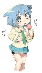  animal_ears bad_id bad_pixiv_id bike_shorts blue_eyes blush cat_ears female food holding ice_cream licking looking_at_viewer lowres momotsuki_gakuen_school_uniform open_mouth pani_poni_dash! pleated_skirt sailor_collar school_uniform serizawa_akane short_hair skirt solo tefun_(tehun) tongue translated white_background yellow_sailor_collar 