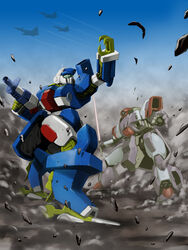  aircraft airplane antennae battle berserker_(wolf_fang) byakko_(wolf_fang) canards claws commentary_request contrail damaged data_east desert dust energy_gun energy_sword flying gun highres jet kuhga mecha no_humans photoshop_(medium) plasma_sword realistic rifle robot rock rocket_launcher science_fiction shimotsuki_juugo sword weapon wheel wolf_fang xfv-03_seylen 