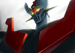  1970s_(style) 1boy commentary_request glowing glowing_eyes halcon helmet highres kabuto_kouji mazinger_(series) mazinger_z mazinger_z_(mecha) mecha open_mouth retro_artstyle robot super_robot 