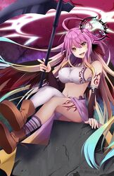  angel angel_wings animal_ears artist_name asymmetrical_legwear bird_ears black_wings breasts commentary crop_top cross english_commentary evil_smile feathered_wings female gradient_hair hair_between_eyes halo highres holding holding_scythe holding_weapon jibril_(no_game_no_life) k-rumi large_breasts long_hair looking_at_viewer low_wings magic_circle midriff mismatched_legwear multicolored_hair navel no_game_no_life open_mouth pink_hair scythe sideboob sitting smile solo spiked_halo symbol-shaped_pupils tattoo very_long_hair weapon wing_ears wings 