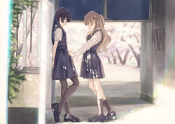  2girls 54cr against_wall arms_behind_back black_footwear black_hair black_pantyhose blush braid brown_hair cherry_blossoms dress embarrassed full_body hand_on_own_chest long_hair medium_skirt multiple_girls nanami_touko outdoors outstretched_arm pantyhose photoshop_(medium) pinafore_dress profile reaching saeki_sayaka school_uniform shoes skirt skirt_hold sleeveless sleeveless_dress socks spring_(season) summer_uniform tohmi_higashi_high_school_uniform wall wavy_hair yagate_kimi_ni_naru yuri 