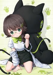  :o aged_down black_skirt blouse bow bowtie brown_hair coat commentary drill_hair erwin_reanna_schrodinger female glasses green_bow green_bowtie green_eyes grey_legwear hair_ornament head_tilt highres honkai_(series) honkai_impact_3rd kneehighs kneeling long_sleeves miniskirt no_shoes off_shoulder parted_lips paw_pose paw_print pencil_skirt round_eyewear shadow shirt short_hair short_hair_with_long_locks side_drill signature skirt socks solo stuffed_animal stuffed_cat stuffed_toy white_coat white_shirt xfate 