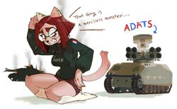  2019 adats anthro biped breasts clothed clothing domestic_cat ellipsis english_text eyewear felid feline felis female footwear france freckles fur gaijin_entertainment glasses hair hand_on_head hideki_kaneda kneeling leclerc_(hideki_kaneda) legwear mammal pink_body pink_fur red_hair short_hair simple_background socks solo tank text vehicle war_thunder 