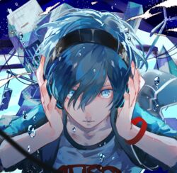  1boy blue_eyes blue_hair bracelet bubble building collarbone commentary floating hair_between_eyes hands_on_headwear headphones jewelry male_focus parted_lips persona persona_3 persona_3:_dancing_moon_night persona_dancing sleeves_rolled_up solo syokuuuuuuuuumura teeth traffic_light yuuki_makoto_(persona_3) 