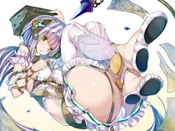  +_+ ass atelier_(series) atelier_sophie bare_shoulders blue_hair blush book bookmark breasts commentary_request female green_eyes headgear highres holding holding_book long_hair looking_at_viewer multicolored_hair open_mouth panties photoshop_(medium) plachta purple_hair reflection sideboob simple_background solo thighhighs tied_hair torisan underwear white_background white_thighhighs 