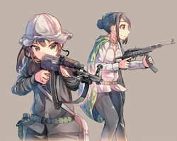  2girls aiming assault_rifle bayonet belt belt_pouch bottle brown_eyes brown_hair camouflage camouflage_cape canteen cleaning_rod collar collared_shirt commentary_request cowboy_shot daito dress_shirt frown green_belt grey_background gun gun_sling hair_bun hat k-50m kalashnikov_rifle long_sleeves looking_ahead multiple_girls original outstretched_arms pouch rifle shirt short_hair simple_background single_hair_bun submachine_gun trigger_discipline type_56_assault_rifle upper_body utility_belt viet_cong vietnamese_clothes weapon white_shirt 