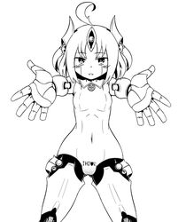  ahoge android automaton_(monster_girl_encyclopedia) blush breasts carry_me greyscale incoming_hug light_smile line_art looking_at_viewer md5_mismatch monochrome monster_girl_encyclopedia nav navel outstretched_arms parted_lips robot_joints short_hair simple_background small_breasts solo white_background wide_hips 