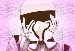  1boy gloves hands_on_own_cheeks hands_on_own_face helmet hvn male_focus morse_code parody racing_suit solo the_stig top_gear translation_request yandere_trance 