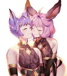  1boy ahoge aki663 animal_ears armlet bare_shoulders blue_eyes braid brother_and_sister cheek-to-cheek cleavage_cutout closed_eyes clothing_cutout commentary elbow_gloves erune eyelashes female feower_(granblue_fantasy) french_braid gloves granblue_fantasy hair_intakes hair_ornament heads_together leaning_forward leaning_on_person leotard long_braid long_hair one_eye_closed padded_armor parted_lips pink_eyes siblings simple_background smile studded tien_(granblue_fantasy) tsurime twin_braids upper_body very_long_hair white_background 