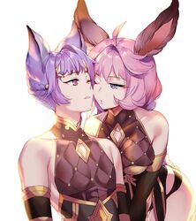  1boy ahoge aki663 animal_ears armlet bare_shoulders blue_eyes braid brother_and_sister cheek-to-cheek cleavage_cutout clothing_cutout commentary elbow_gloves erune eyelashes female feower_(granblue_fantasy) french_braid gloves granblue_fantasy hair_intakes hair_ornament heads_together leaning_forward leaning_on_person leotard long_braid long_hair one_eye_closed padded_armor parted_lips pink_eyes siblings simple_background studded tien_(granblue_fantasy) tsurime twin_braids very_long_hair white_background 