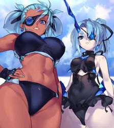  2girls alternate_costume bare_shoulders bikini black_bikini blue_eyes blue_hair blue_nails blush breasts casual_one-piece_swimsuit closed_mouth cloud cloudy_sky commentary_request covered_navel dark-skinned_female dark_skin day earrings eyepatch frilled_one-piece_swimsuit frills from_below groin hand_on_own_hip highres horns jewelry large_breasts long_hair looking_at_viewer looking_down multiple_girls nail_polish navel negresco one-piece_swimsuit one_eye_covered open_mouth outdoors pale_skin praxis_(xenoblade) short_hair sideboob simple_background single_horn sky small_breasts smile swimsuit theory_(xenoblade) twintails white_background xenoblade_chronicles_(series) xenoblade_chronicles_2 