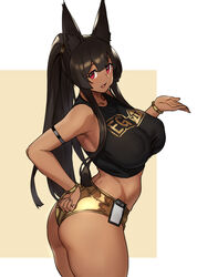  animal_ears anubis_(houtengeki) ass black_hair black_sports_bra bracelet breasts covered_nipples dark-skinned_female dark_skin duplicate female gold_panties highres houtengeki jackal_ears jewelry large_breasts long_hair looking_at_viewer open_mouth original painttool_sai_(medium) panties pixel-perfect_duplicate ponytail red_eyes satin satin_panties shiny_clothes sidelocks simple_background smile solo sports_bra standing thighs underwear 