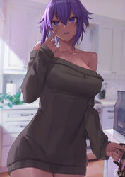  absurdres bare_shoulders black_sweater blush breasts collarbone dark-skinned_female dark_skin fate/grand_order fate_(series) female hassan_of_serenity_(fate) highres kakeku long_sleeves looking_at_viewer medium_breasts off-shoulder_sweater off_shoulder open_mouth pointing pointing_at_self purple_eyes purple_hair short_hair sidelocks solo sweater 