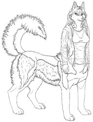  2011 5_fingers black_and_white bottomless bottomless_female bottomless_taur breasts canid canid_taur canine canine_taur canis chukchi_husky claws clothed clothing digital_drawing_(artwork) digital_media_(artwork) digitigrade dog_taur domestic_dog eyelashes female finger_claws fingers fluffy fluffy_tail full-length_portrait hair herm_(lore) hi_res hoodie husky husky_taur line_art looking_at_viewer mammal mammal_taur monochrome nordic_sled_dog portrait quadruped shirt simple_background solo spitz standing tail taur toe_claws topwear topwear_only white_background 