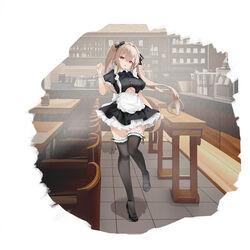  absurdres alternate_costume anchorage_(azur_lane) apron azur_lane black_bow black_dress black_footwear black_thighhighs bow breasts cafe clothing_cutout coffee_maker dress female frilled_apron frilled_dress frills full_body hairbow highres indoors large_breasts layered_sleeves light_brown_hair long_hair looking_at_viewer maid maid_apron puffy_short_sleeves puffy_sleeves purple_bow purple_eyes shoes short_dress short_sleeves solo standing standing_on_one_leg suo_bu_ye_feng thighhighs tile_floor tiles twintails two-tone_dress underboob underboob_cutout very_long_hair waitress white_apron white_dress zettai_ryouiki 