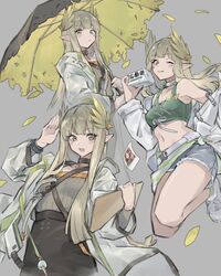  arknights armpits bare_shoulders black_skirt blue_shorts bracelet brown_eyes brown_hair chikoku_no_oni coat falling_leaves female green_shirt grey_background grey_sweater hand_up highres infection_monitor_(arknights) jewelry laurels leaf long_hair muelsyse_(arknights) multiple_views off_shoulder open_mouth photo_(object) pointy_ears polaroid polaroid_camera shirt shorts sidelocks simple_background skirt sleeveless sleeveless_shirt smile sweater tank_top umbrella very_long_hair white_coat 