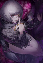  absurdres baphomet_(fate) black_dress blue_eyes breasts cleavage coat colored_skin commentary cropped_jacket dress fate/grand_order fate_(series) female finger_to_mouth glasses grey_hair grey_skin heterochromia highres hood ina_(rimuna_1228) jacket jacques_de_molay_(foreigner)_(fate) jacques_de_molay_(foreigner)_(second_ascension)_(fate) lamb large_breasts long_sleeves looking_at_viewer multicolored_eyes open_clothes open_jacket padded_coat sheep short_dress short_hair shushing smile solo stuffed_animal stuffed_toy tentacle thighs yellow_eyes 