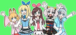  .live 5girls :d animal_ear_fluff animal_ears antenna_hair black_dress black_skirt blonde_hair blue_bow blue_bowtie blue_eyes blue_flower blue_rose blue_shirt blunt_bangs blush bow bowtie breasts bright_pupils brown_hair bseibutsu cat_hair_ornament cleavage cleavage_cutout clenched_hand clenched_hands clothing_cutout commentary_request controller_hair_ornament cowboy_shot dennou_shoujo_siro detached_sleeves dress fist_pump flower fox_ears gloves grey_eyes grey_hair hair_between_eyes hair_ornament hairband hairclip high_side_ponytail highres kaguya_luna kemomimi_oukoku_kokuei_housou kizuna_ai kizuna_ai_inc. large_breasts long_hair long_sleeves looking_at_viewer medium_breasts mikoko_(kemomimi_oukoku_kokuei_housou) miniskirt mirai_akari mirai_akari_project multicolored_hair multiple_girls obi open_mouth pink_hair pink_hairband pink_shirt pink_sleeves reaching reaching_towards_viewer red_sash rose round_teeth sailor_collar sash shirt short_hair simple_background skirt sleeveless sleeveless_dress sleeveless_shirt small_breasts smile streaked_hair suspender_skirt suspenders teeth the_moon_studio twintails upper_teeth_only virtual_youtuber virtual_youtuber_shiten&#039;nou white_dress white_gloves white_pupils white_sailor_collar white_shirt white_skirt white_sleeves wide_sleeves wristband 