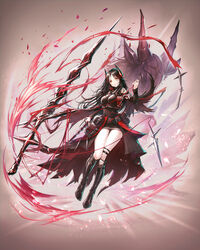  arknights black_footwear black_hair black_shirt black_skirt black_sleeves boots breasts demon_horns detached_sleeves female full_body gazelle gogatsu_no_renkyuu highres holding holding_wand horns ines_(arknights) knee_boots long_hair long_sleeves looking_at_viewer medium_breasts miniskirt shirt skirt sleeveless sleeveless_shirt solo sword thighs wand weapon yellow_eyes 