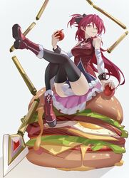  absurdres apple bad_id bad_pixiv_id black_ribbon black_thighhighs boots breasts burger clothes_between_thighs female food fruit full_body hair_ribbon high_ponytail highres holding holding_food holding_fruit leg_up long_hair looking_at_viewer luai magical_girl mahou_shoujo_madoka_magica mahou_shoujo_madoka_magica_(anime) medium_breasts oversized_food oversized_object pocky polearm raised_eyebrows red_apple red_eyes red_footwear red_hair ribbon sakura_kyoko sakura_kyoko_(magical_girl) shiny_skin shoe_soles sitting_on_food smile smug solo thigh_gap thighhighs very_long_hair weapon white_background 