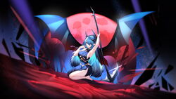  absurdres armpits azur_lane barefoot blue_eyes blue_hair blue_skirt breasts commentary demon_girl demon_horns demon_wings feet female finger_to_mouth full_moon hair_between_eyes highres horns kneeling large_breasts legs long_hair looking_at_viewer mary_celeste_(azur_lane) mary_celeste_(grim_night&#039;s_reaper)_(azur_lane) moon official_alternate_costume parted_lips pointy_ears red_moon scythe side_slit skirt thunder-35 underboob very_long_hair wings 