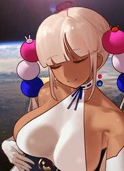  absurdres bare_shoulders blunt_bangs breasts cleavage collarbone commentary cookiedusty dark-skinned_female dark_skin elbow_gloves female gloves hair_ornament halterneck highres hololive hololive_english large_breasts lens_flare limiter_(tsukumo_sana) planet rabbit_hair_ornament see-through see-through_cleavage sideboob sidelocks smile solo space star_(symbol) tsukumo_sana tsukumo_sana_(1st_costume) twintails upper_body virtual_youtuber white_gloves 