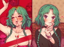  bare_shoulders black_shirt blood blood_on_face blush braid breasts choker cleavage collarbone covered_nipples fate/grand_order fate_(series) female green_hair heart heart-shaped_pupils highres large_breasts long_sleeves mitsurugi_sugar multiple_views open_mouth parted_bangs parted_lips purple_eyes red_ribbon ribbon salome_(fate) shirt short_hair_with_long_locks sidelocks skull symbol-shaped_pupils tongue tongue_out twin_braids watch wristwatch 