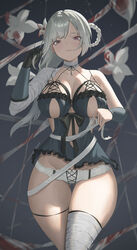  absurdres ass_visible_through_thighs bandaged_arm bandaged_leg bandaged_neck bandages black_c_(net_dust) black_gloves black_ribbon blood_on_flower blurry blurry_background blush breasts cleavage closed_mouth facing_viewer female flower gloves grey_hair hair_down highres kaine_(nier) large_breasts light_particles lingerie long_hair looking_at_viewer nier nier_(series) panties pink_eyes revealing_clothes ribbon sidelighting standing thigh_gap thighs underwear white_flower white_panties 