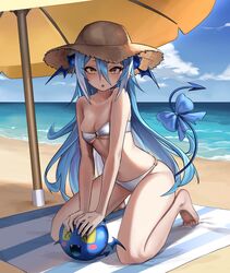  ^_^ aqua_hair barefoot beach beach_towel beach_umbrella bikini blue_bow blueberry_(bombergirl) bombergirl bow breasts brown_headwear cleavage closed_eyes cloud day eyelashes fangs female hair_between_eyes hair_ornament hat highres kekek kneeling long_hair looking_at_viewer medium_breasts multicolored_hair ocean outdoors parted_lips pointy_ears sand sidelocks sky strapless strapless_bikini swimsuit tail tail_bow tail_ornament towel umbrella very_long_hair water white_bikini white_hair yellow_eyes 