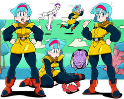  2boys belt blue_eyes blue_hair boots breasts bulma_briefs captain_ginyu cloud colored_skin crab dragon_ball dragon_ball_z earrings female frieza grass green_sky hairband highres index_finger_raised jewelry looking_at_viewer multiple_boys multiple_views namek ocean on_ground open_mouth purple_skin red_hairband running scott_malin short_hair sitting sky speech_bubble spoken_character standing tree wariza white_skin 