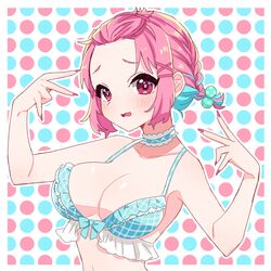  absurdres alternate_hairstyle bare_shoulders bikini blue_bikini braid breasts choker collarbone female forehead frilled_bikini frilled_choker frills hair_bobbles hair_ornament hairclip hands_up highres idolmaster idolmaster_cinderella_girls large_breasts looking_at_viewer multicolored_hair nail_polish pink_eyes pink_hair pink_nails polka_dot polka_dot_background raised_eyebrows solo sukoyaka_(100hituzi) swimsuit two-tone_hair upper_body yumemi_riamu 