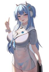  :d absurdres animal_ear_headphones animal_ears blue_eyes blue_hair blue_neckerchief blue_serafuku blush bodam collared_dress crop_top dress fake_animal_ears female goddess_of_victory:_nikke headphones headset highres long_hair neckerchief open_mouth panties parted_lips school_uniform see-through see-through_dress serafuku shifty_(nikke) short_sidetail short_sleeves simple_background smile solo string_panties underwear white_background 