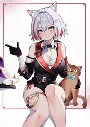  :3 absurdres animal_ear_fluff animal_ears bare_shoulders belt black_belt black_gloves blue_eyes breasts cat_ears cleavage commentary_request feet_out_of_frame feline female gloves grey_hair hair_ornament hand_up highres honkai:_star_rail honkai_(series) kemonomimi_mode looking_at_viewer numby_(honkai:_star_rail) short_hair smile solo standing thigh_strap thighs topaz_(honkai:_star_rail) trotter_(honkai:_star_rail) yan_kodiac 