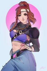  armor bb_brigitte belt braid brigitte_(overwatch) crop_top denim female fingerless_gloves gloves hands_on_own_hips headband highres jeans jewelry long_hair long_sleeves looking_at_viewer midriff navel necklace overwatch overwatch_2 pants perfect_night_(le_sserafim) ponytail purple_sports_bra shoulder_armor simple_background sports_bra stitchtheartist torn_clothes twin_braids white_headband 