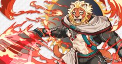  1boy abs absurdres animal_ears bara bare_pectorals commentary_request fangs fire furry furry_male highres holding holding_sword holding_weapon lion_boy lion_ears lion_mane lion_tail magnos_(world_flipper) male_focus omochi_kuitai open_mouth pectorals pyrokinesis sword tail translation_request weapon world_flipper 