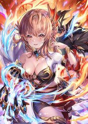  akami770 armlet black_skirt bracelet braid breasts brown_hair chest_guard cleavage clothing_cutout cowboy_shot detached_sleeves dragon_girl female fire galmieux_(shadowverse) gem hand_up highres jewelry large_breasts long_hair midriff miniskirt monster_girl navel_cutout open_mouth red_eyes scales shadowverse single_bare_shoulder single_thighhigh skirt solo thighhighs tongue 