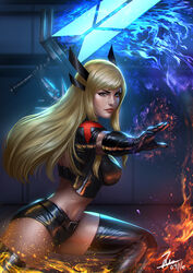  black_footwear black_gloves black_shirt black_shorts blonde_hair blue_eyes boots crop_top dated elbow_gloves energy_sword female gloves holding holding_sword holding_weapon huge_weapon illyana_rasputina long_hair looking_at_viewer magic magik_(x-men) marvel midriff shirt short_shorts shorts signature solo sword thigh_boots watermark weapon x-men zamberz 