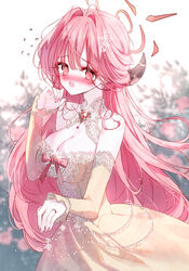  @_@ absurdres aru_(blue_archive) bare_shoulders blue_archive blurry blurry_background blush bow breasts brown_dress brown_sleeves cleavage depth_of_field detached_sleeves dress female flower flying_sweatdrops hair_between_eyes hair_intakes halo hand_up highres horns jewelry large_breasts long_hair long_sleeves nose_blush open_mouth pink_flower pink_hair red_bow red_eyes ring sleeveless sleeveless_dress sleeves_past_wrists solo tandohark tears very_long_hair 