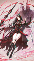  arknights black_footwear black_hair black_shirt black_skirt black_sleeves boots breasts demon_horns detached_sleeves female full_body gazelle gogatsu_no_renkyuu highres holding holding_wand horns ines_(arknights) knee_boots long_hair long_sleeves looking_at_viewer medium_breasts miniskirt shirt skirt sleeveless sleeveless_shirt solo sword thighs wand weapon yellow_eyes 