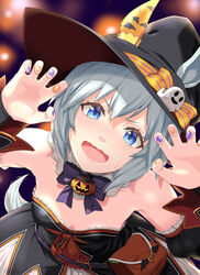  alternate_costume animal_ears animal_print bag bat_print belt black_belt black_dress black_hat black_sleeves blue_eyes blurry blurry_background blush bow bowtie breasts breasts_apart brown_bag claw_pose commentary_request cowboy_shot detached_sleeves dress ear_covers female fingernails from_above ghost_hat_ornament grey_hair halloween halloween_costume hat hat_bow highres horse_ears horse_girl horse_tail looking_at_viewer masaki_shino medium_bangs medium_breasts nail_polish open_mouth orange_bow orange_nails pouch purple_bow purple_bowtie purple_nails seiun_sky_(umamusume) short_hair single_ear_cover smile solo strapless strapless_dress striped striped_bow tail umamusume witch_hat 