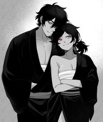  1boy andrew_graves ashley_graves black_hair black_kimono breasts cleavage crossed_arms female green_eyes highres japanese_clothes kimono large_breasts pink_eyes ponytail renico ronin sarashi siblings smug the_coffin_of_andy_and_leyley 